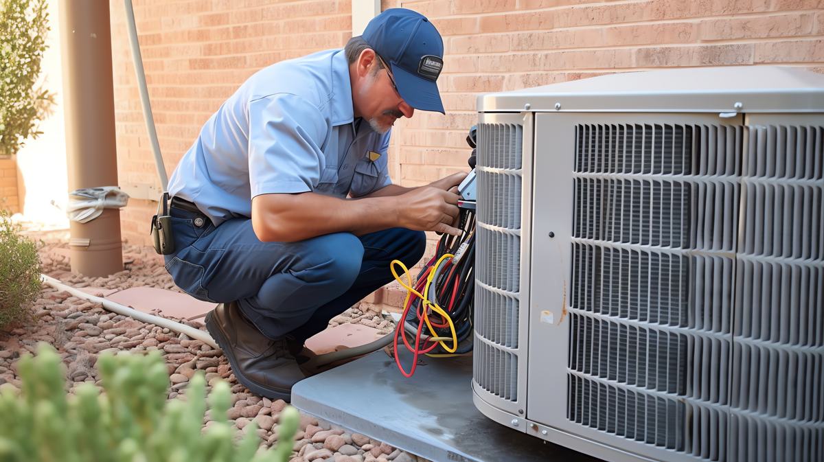 An HVAC technician servicing the wiring of an outdoor air conditioner