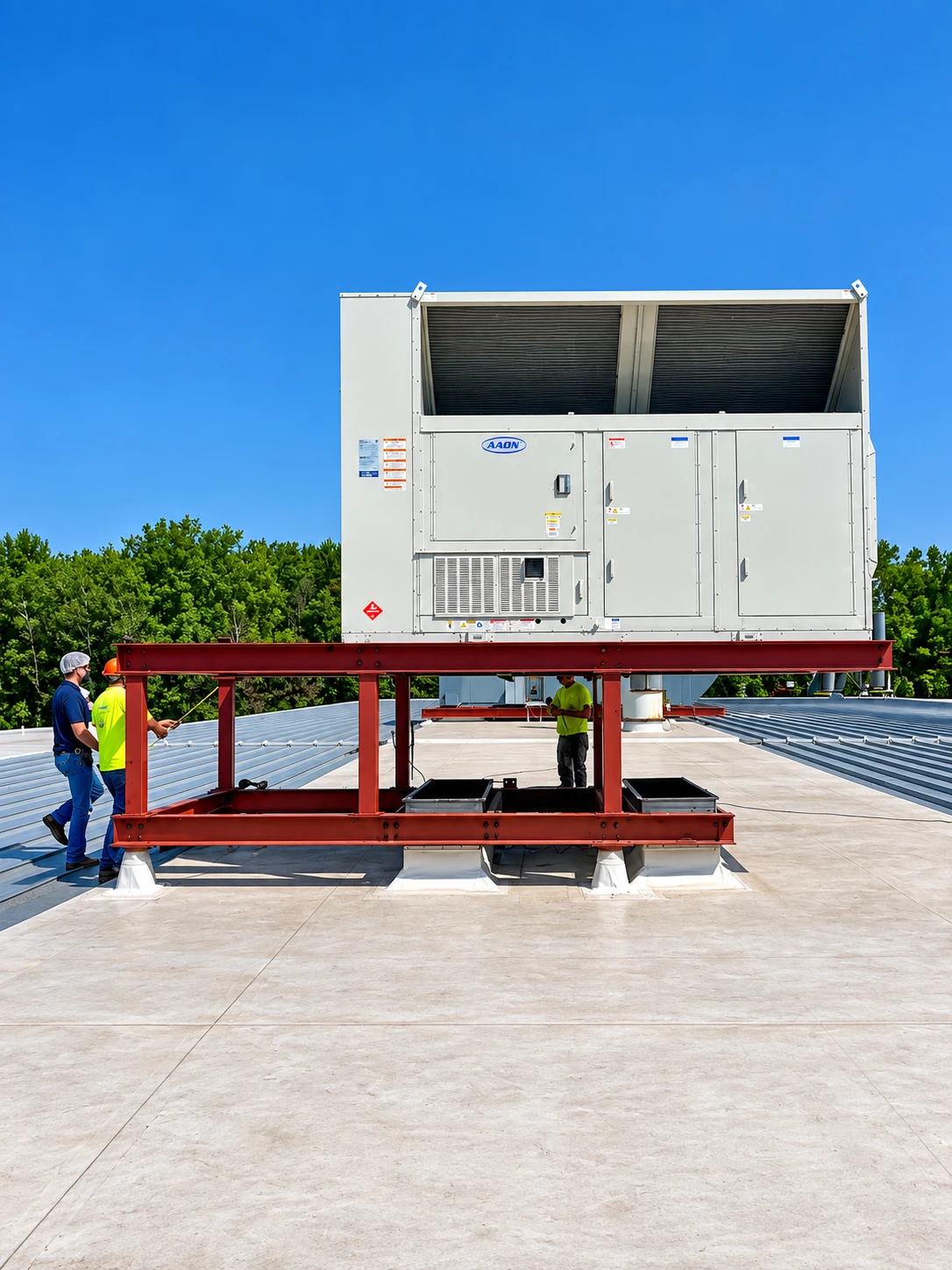A new rooftop HVAC unit set on a steel support frame on a commercial roof, with workers checking the installation