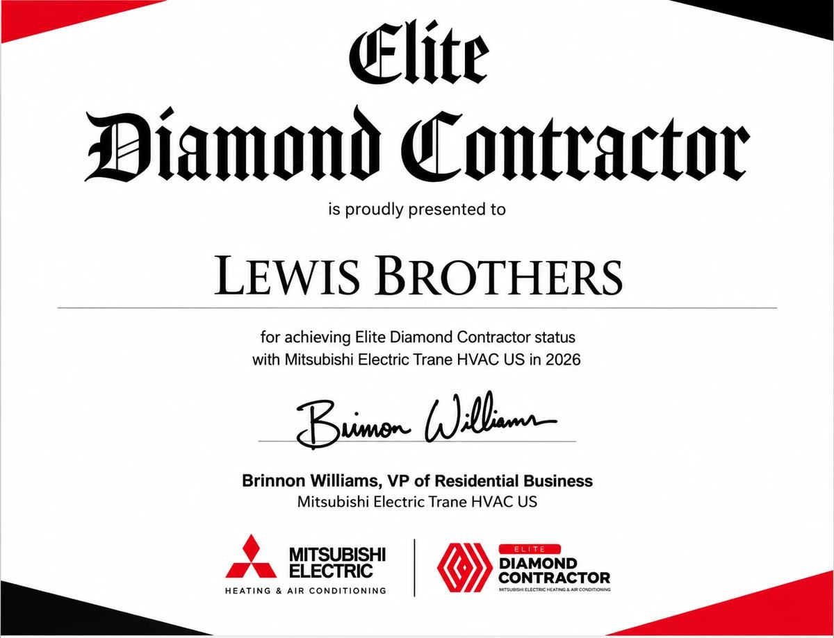 Certificate naming Lewis Brothers an Elite Diamond Contractor with Mitsubishi Electric Trane HVAC US in 2026