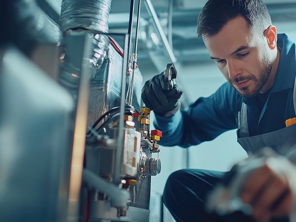 An HVAC technician tightening a fitting on heating equipment