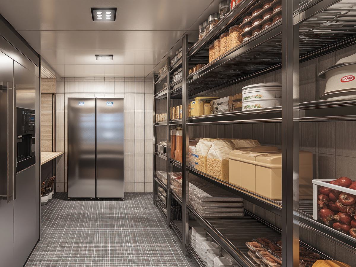 A commercial walk-in cooler with stocked shelves