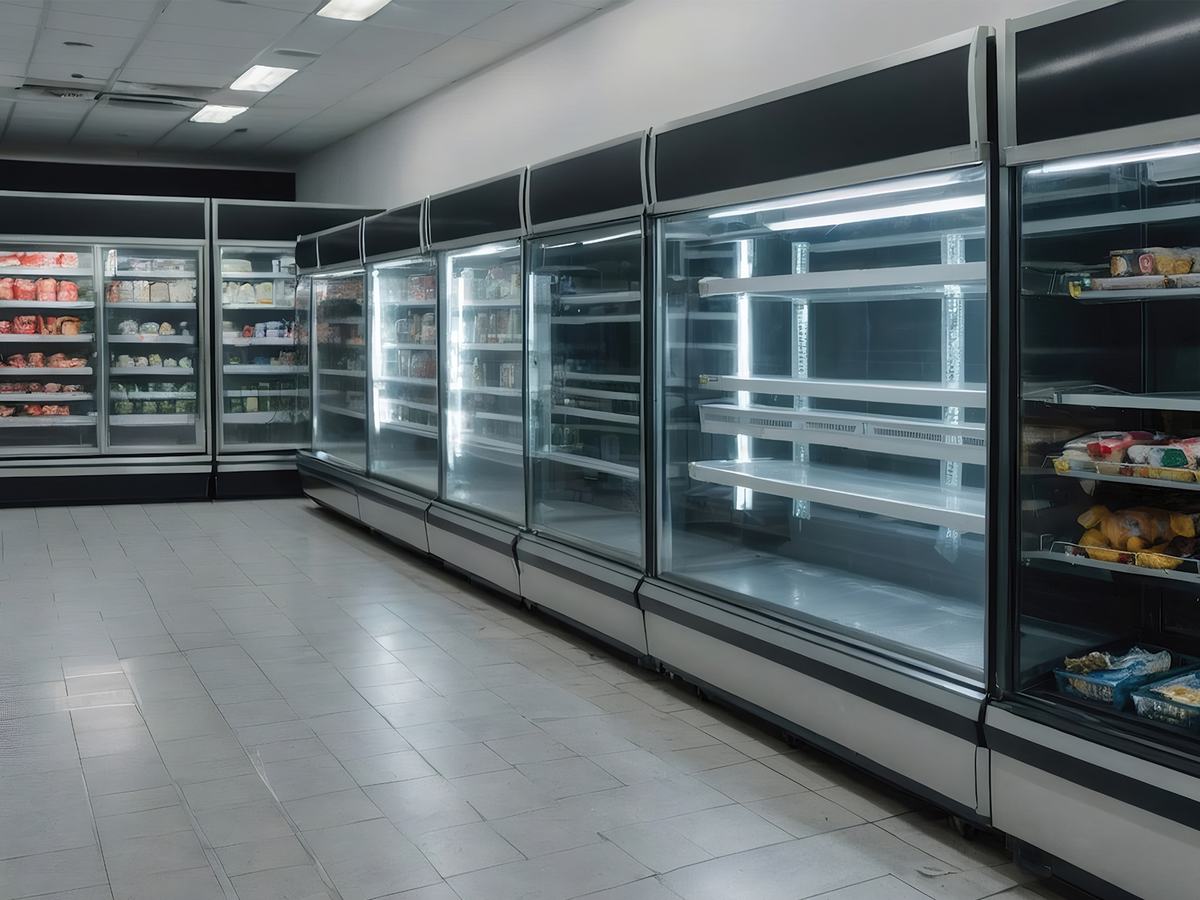 Refrigerated display cases in a grocery store