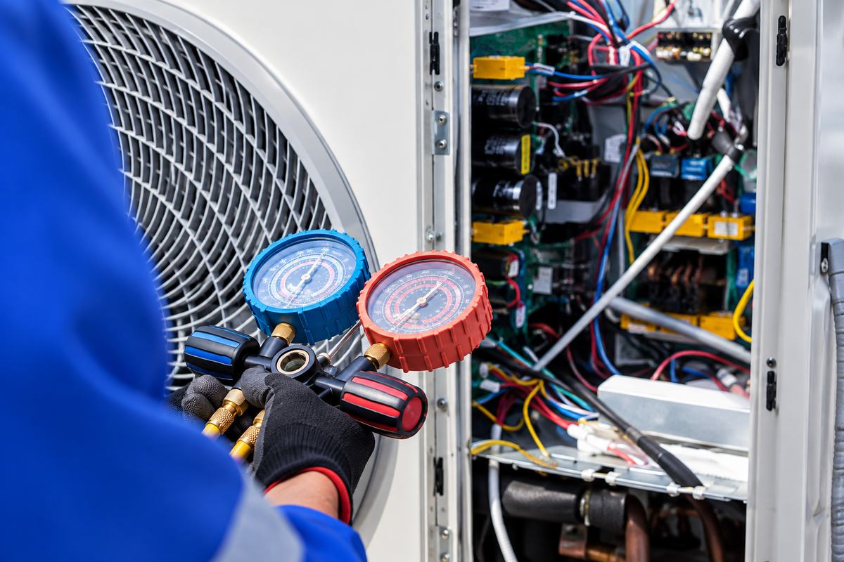 An HVAC technician checking refrigerant pressure gauges on an air conditioner